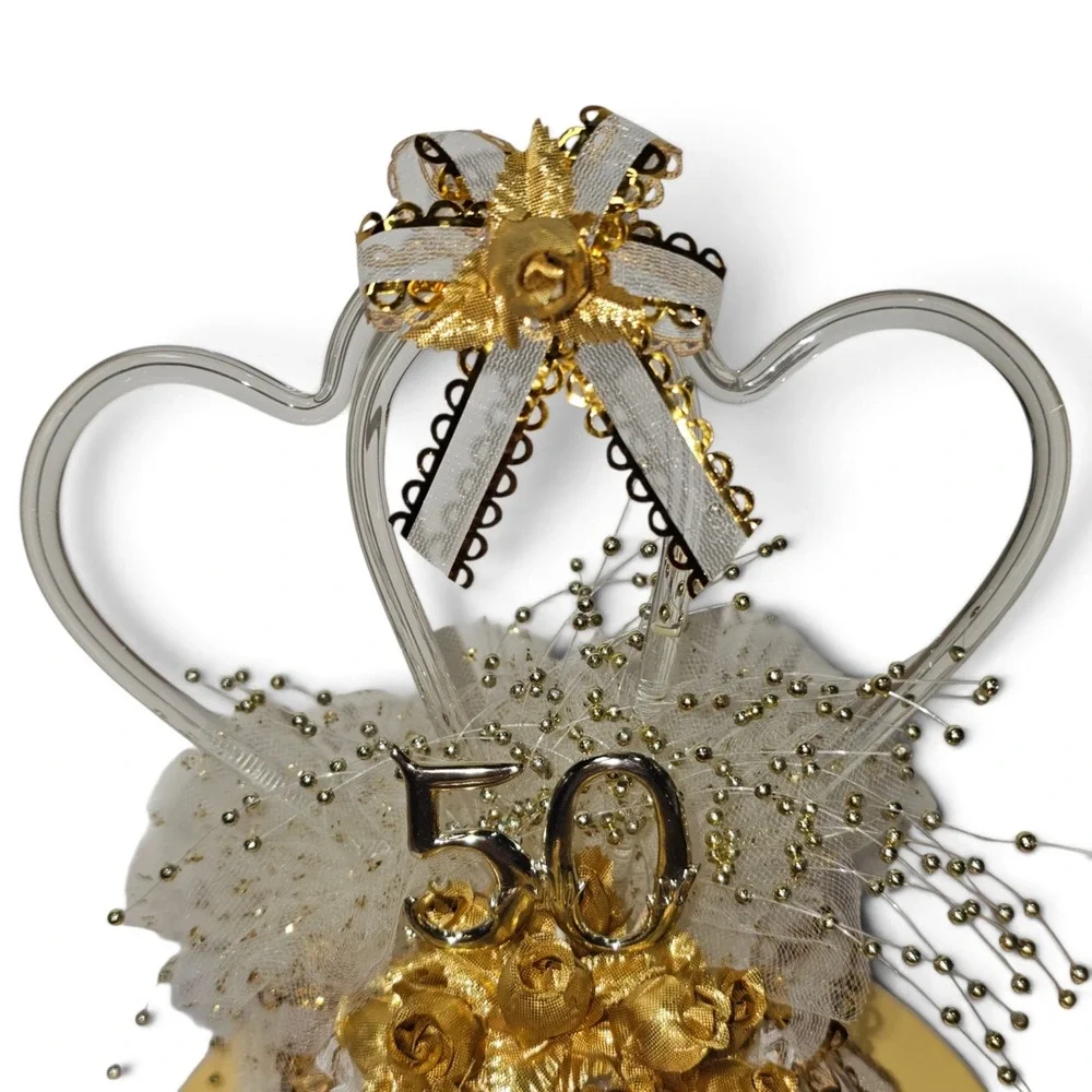 Vintage Treasure Masters Cake Topper 50th Anniversary Gold White Hearts Dome